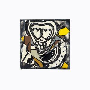 Original Skull Street Artwork 8x8 Mixed Media Collage Edgy Abstract Grunge Decor